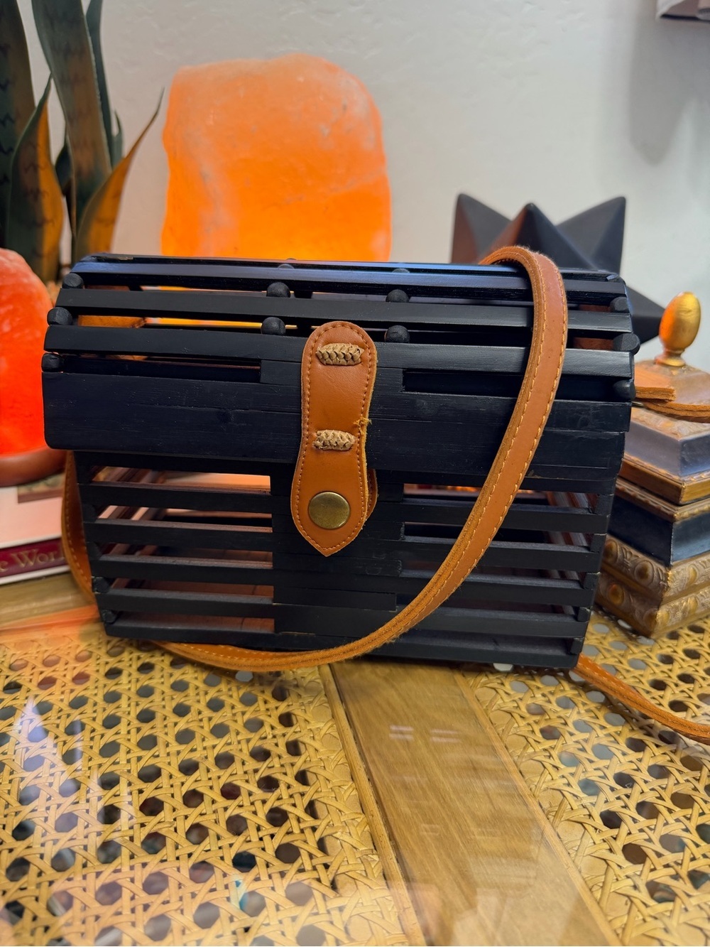 Black Bamboo Cage Crossbody Purse Boho Resort Wooden Ark Style Bag